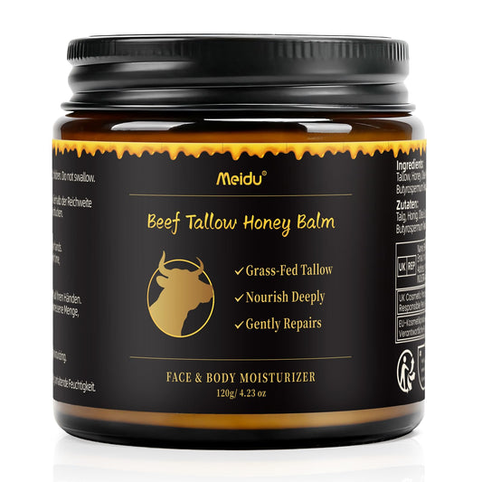 IIIMEIDU Tallow Honey Balm jar showing natural texture for facial and body hydration.