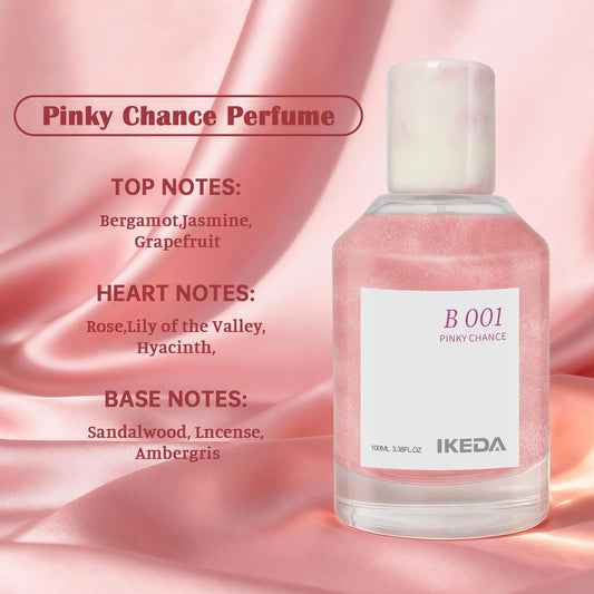 Close-up of Ikeda fragrance notes: rose, jasmine, sandalwood, enhancing luxury feel.