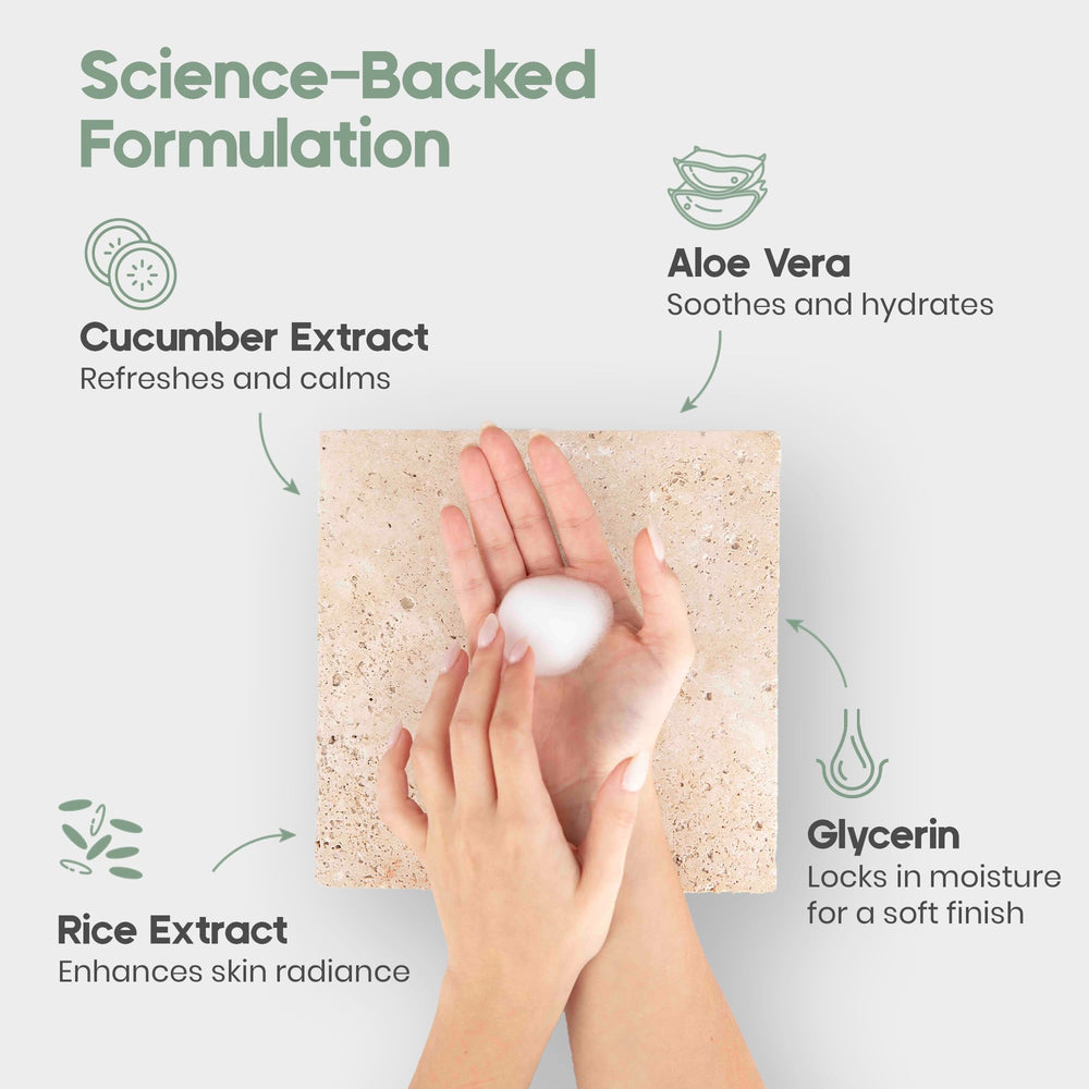 IKI Skincare Kirei Foam Cleanser cucumber slice signals refreshing, gentle care.