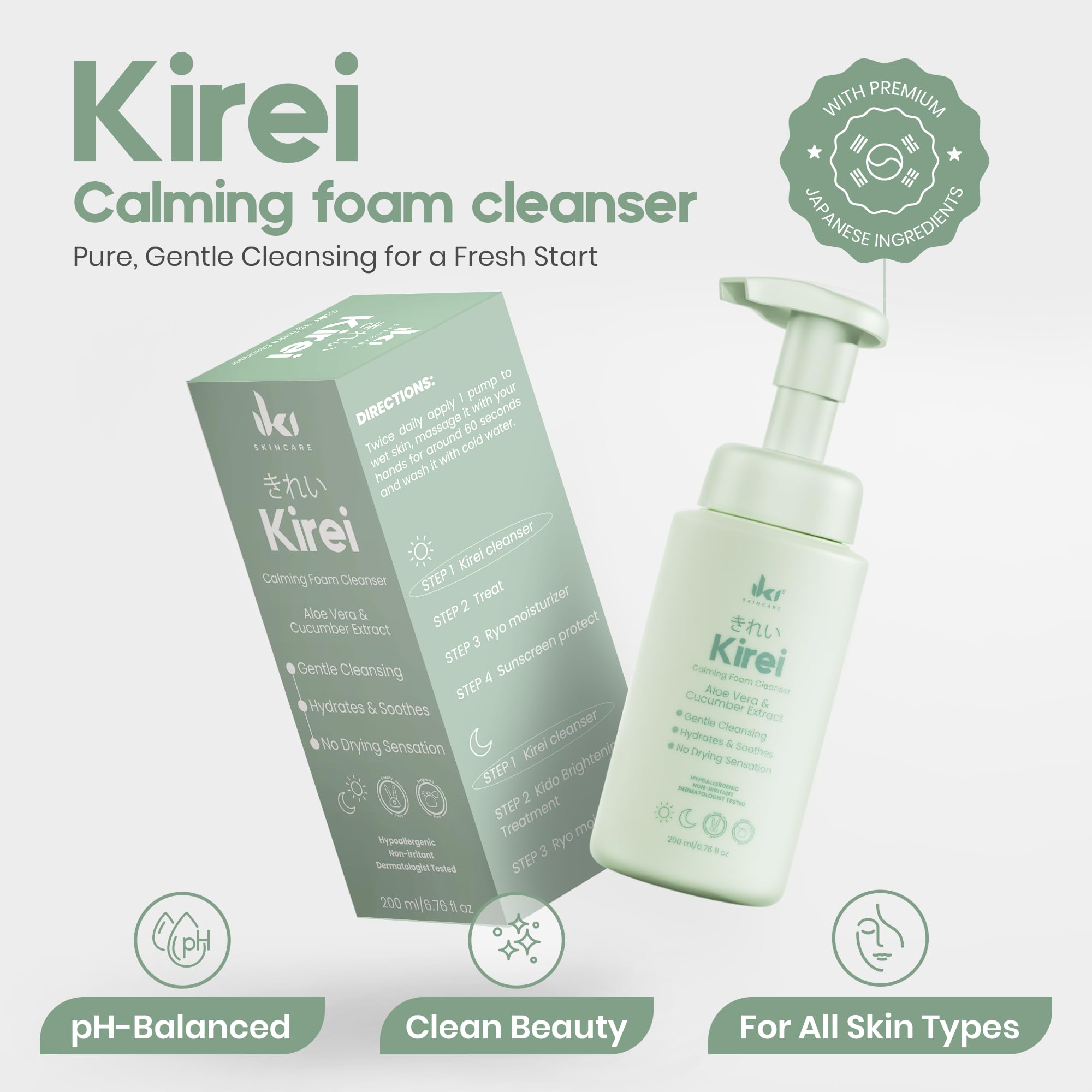 IKI Skincare Kirei Foam Cleanser label detail highlights its dermatologically tested formula.
