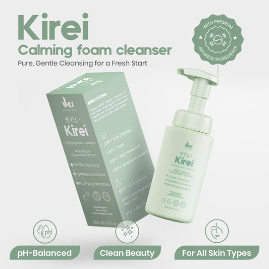 IKI Skincare Kirei Foam Cleanser label detail highlights its dermatologically tested formula.