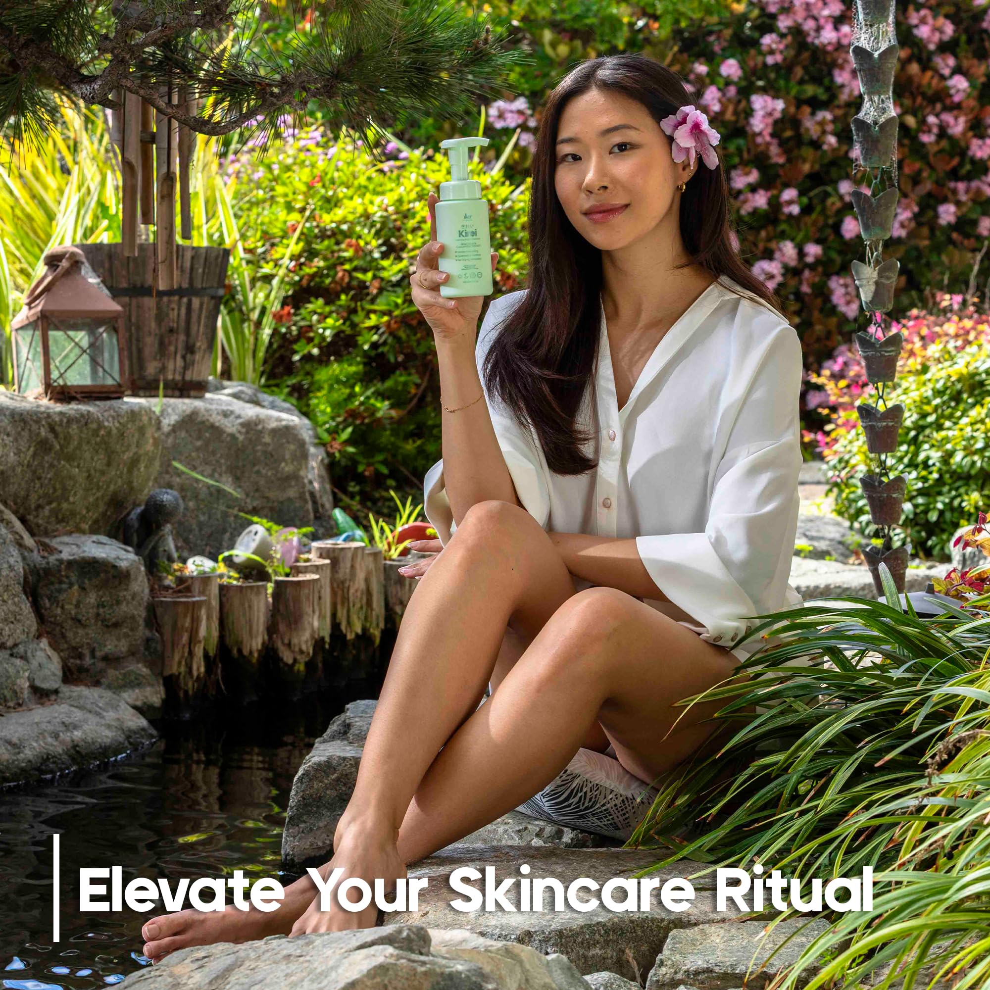 IKI Skincare Kirei Foam Cleanser on vanity suggests prep for serums.