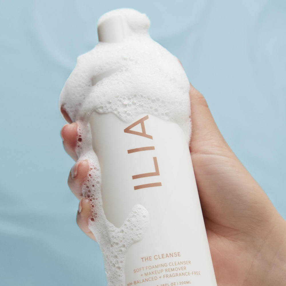 ILIA Cleanse applied to skin, showing soft foam and refreshed feel after wash.