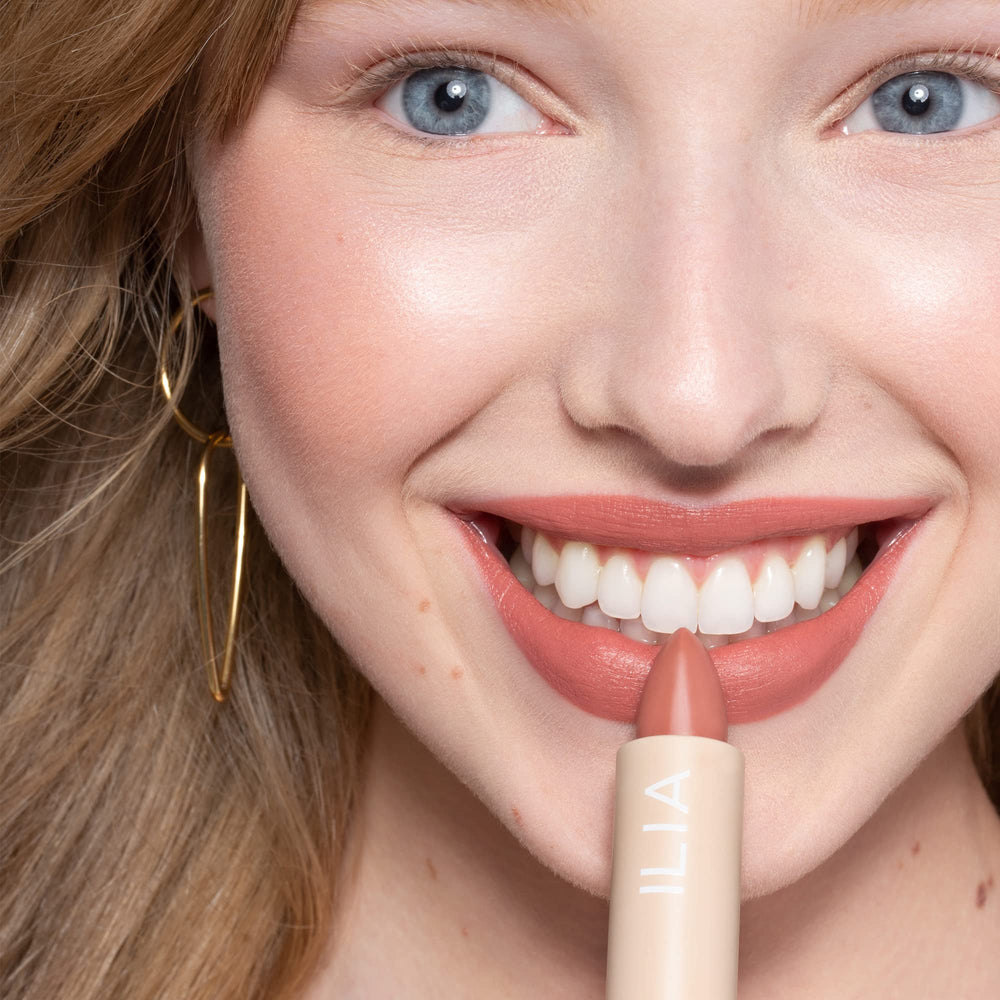 ILIA Color Block Lipstick Amberlight packaging emphasizing sustainable design.