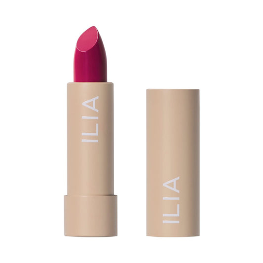 ILIA Color Block Lipstick Knockout bullet close-up, rich magenta pigment and creamy glide.