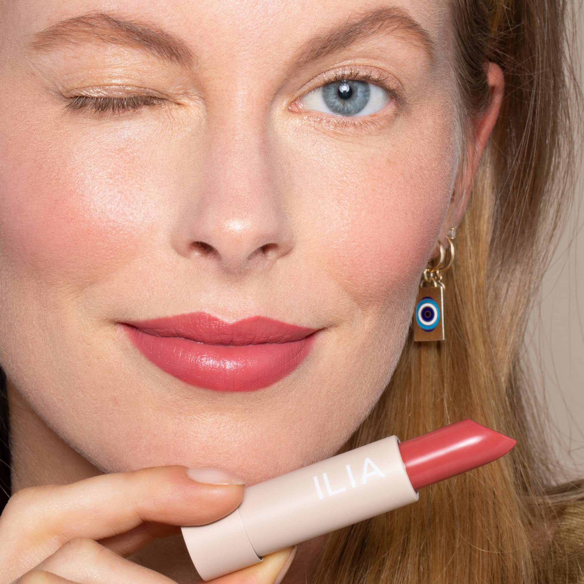 ILIA Color Block Lipstick organic castor oil base boosts hydration and glide.