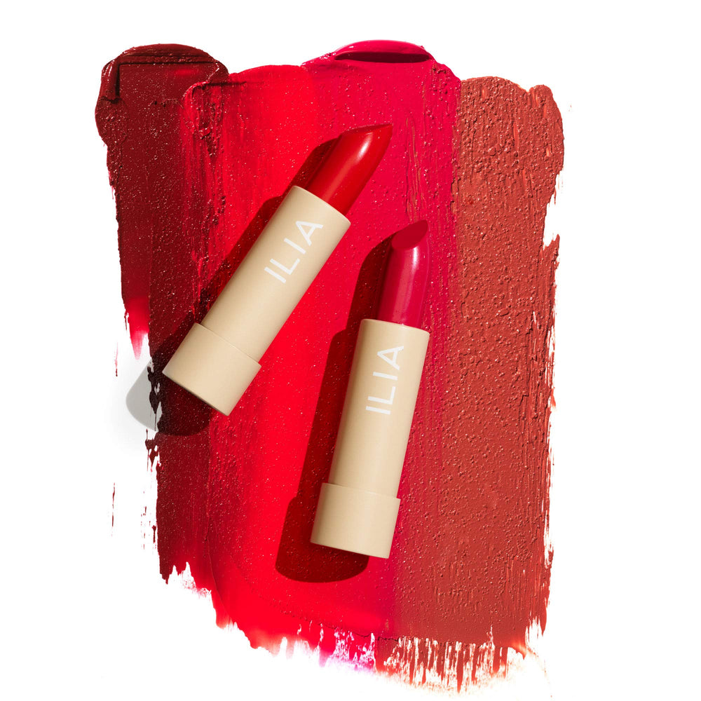 ILIA Color Block Lipstick packaging close-up emphasizes sustainable, vegan craftsmanship.