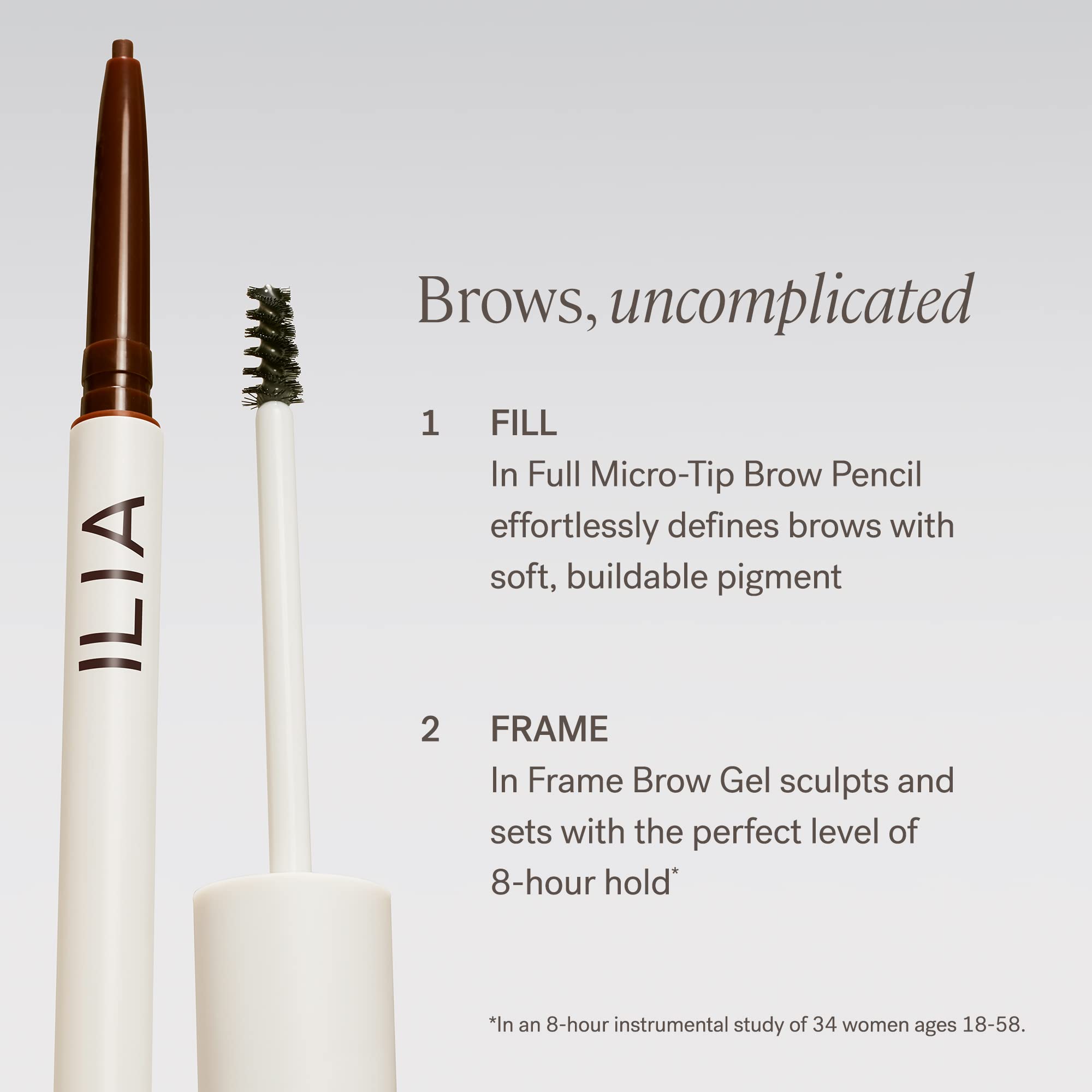 ILIA In Full Micro-Tip Brow Pencil with Spoolie talc-free formula glides smoothly.