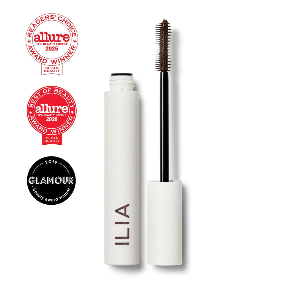 ILIA Limitless Lash Mascara dual wand demonstrates length and lift for dramatic lashes.
