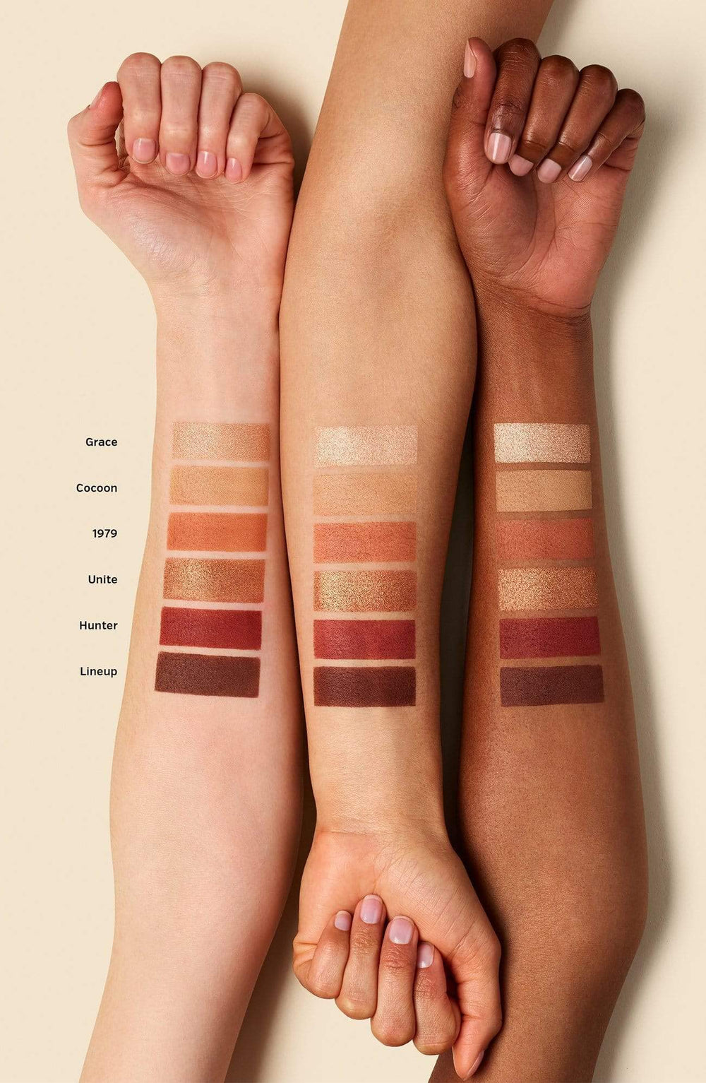 ILIA Warm Nudes lineup displaying matte, satin, and metallic options for layering