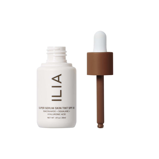 ILIA Super Serum Skin Tint application swatch showing dewy finish