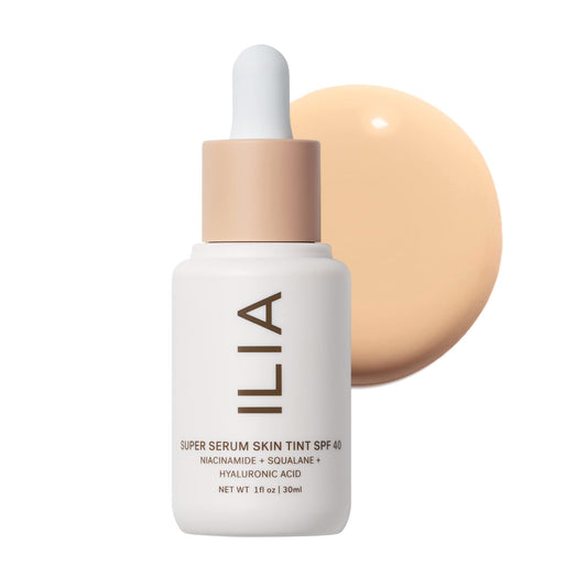 ILIA Super Serum Skin Tint SPF 40 bottle shows dewy, hydrated coverage.