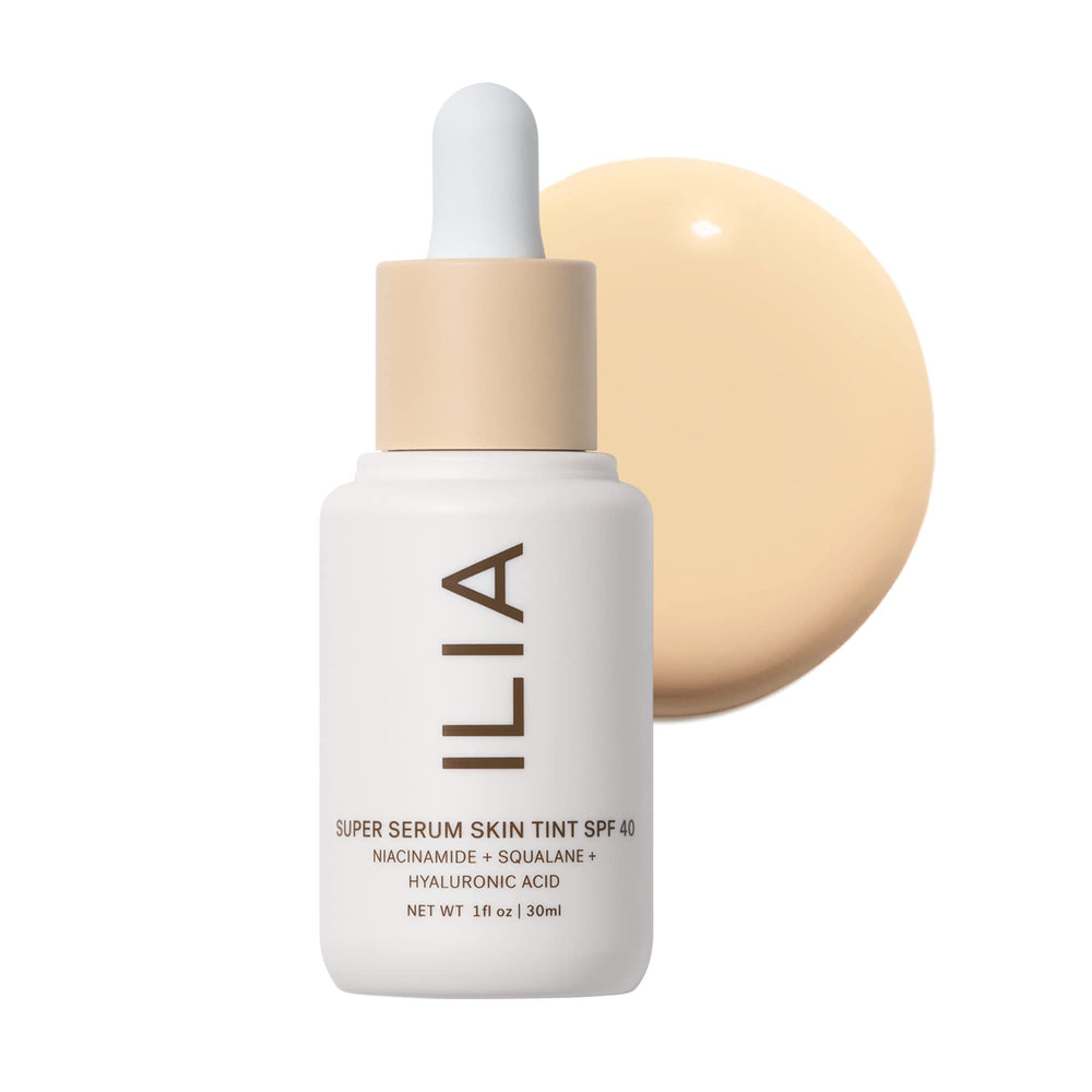 ILIA Super Serum Skin Tint SPF 40 bottle delivers lightweight hydration and sheer coverage.