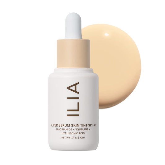 ILIA Super Serum Skin Tint SPF 40 bottle delivers lightweight hydration and sheer coverage.
