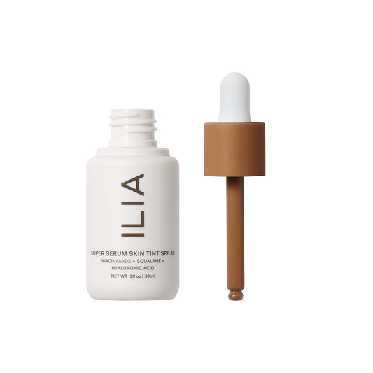 ILIA Super Serum Skin Tint SPF 40 swatches on skin show smooth texture and even tone