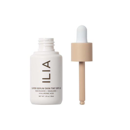 ILIA Super Serum Skin Tint SPF 40 swatches reveal natural color and even tone.