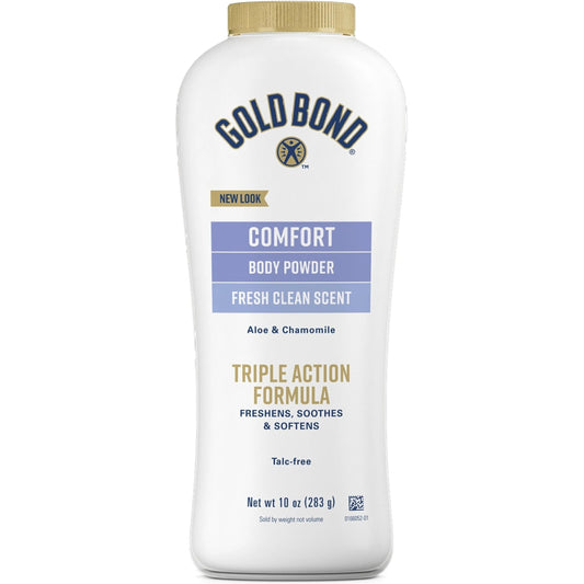 Illuminations Gold Bond Ultimate Comfort bottle front shows talc-free formula for sensitive skin.