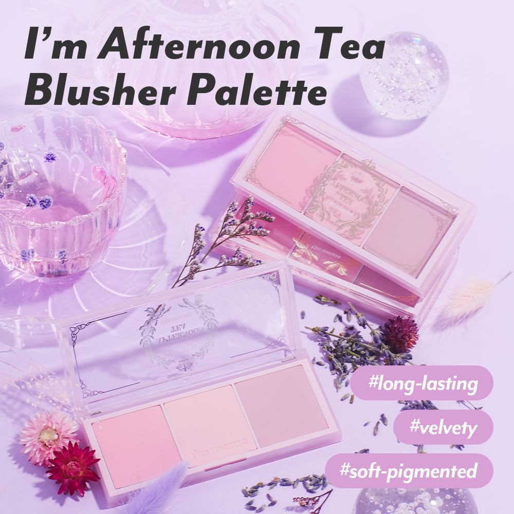 I'M MEME Blusher Palette Afternoon Tea peach shade adds warmth to cheeks.
