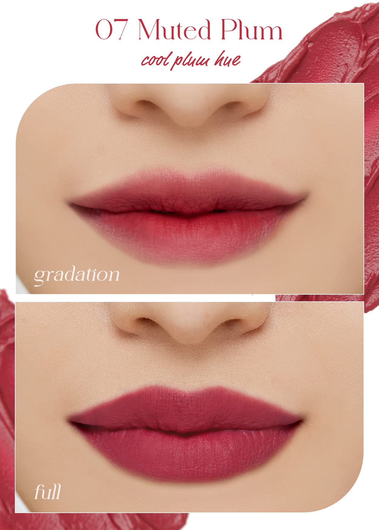 Demonstration of gradient and full lip application with Muted Plum