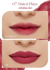 Demonstration of gradient and full lip application with Muted Plum