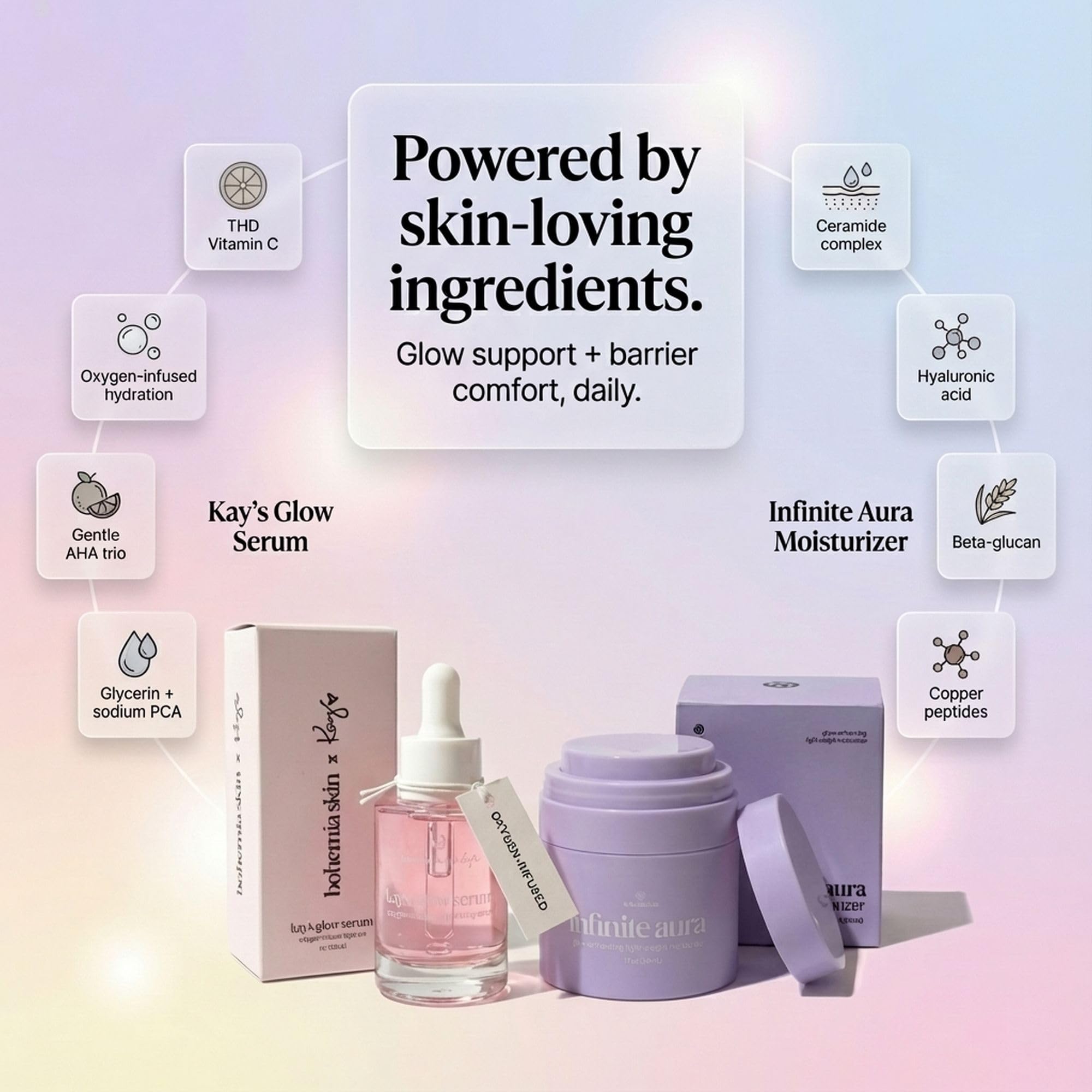Bohemia Skin Duo flat-lay with bottle and jar under soft lighting.