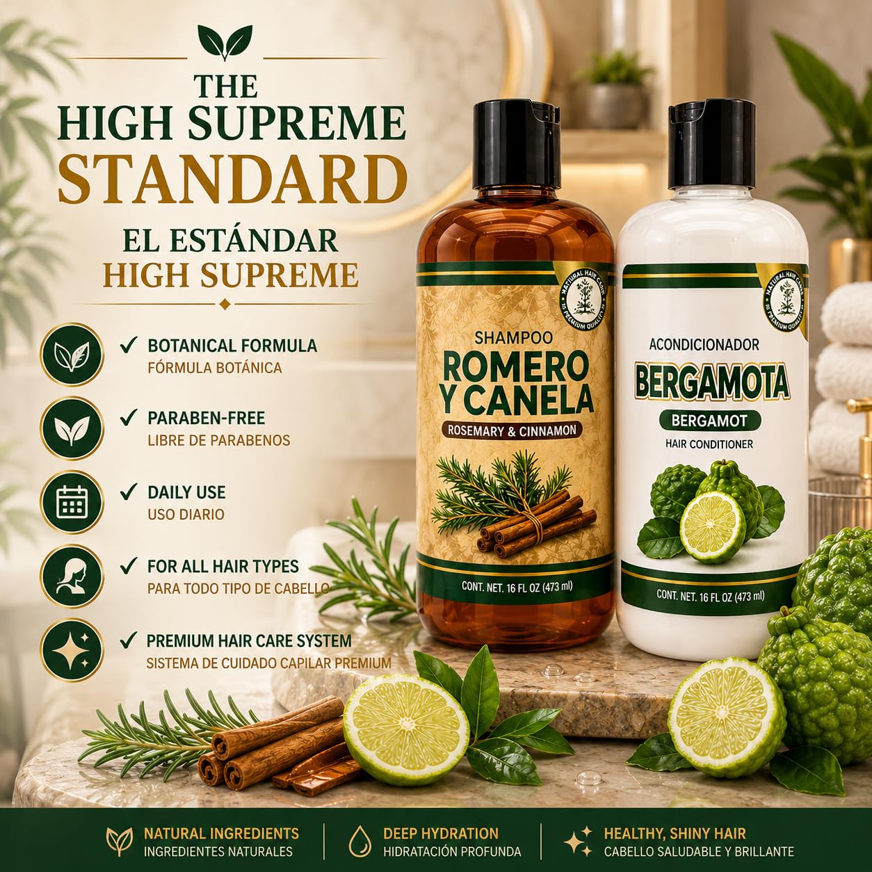 HIGH SUPREME Rosemary, Aloe Vera & Cinnamon Shampoo + Bergamot Conditioner – 2 Pack (16.9 fl oz each) – Premium Nourishing Hair Care Set