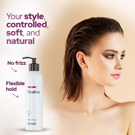 Image Fixative frizz-control hair gel application smooths flyaways with a light finish