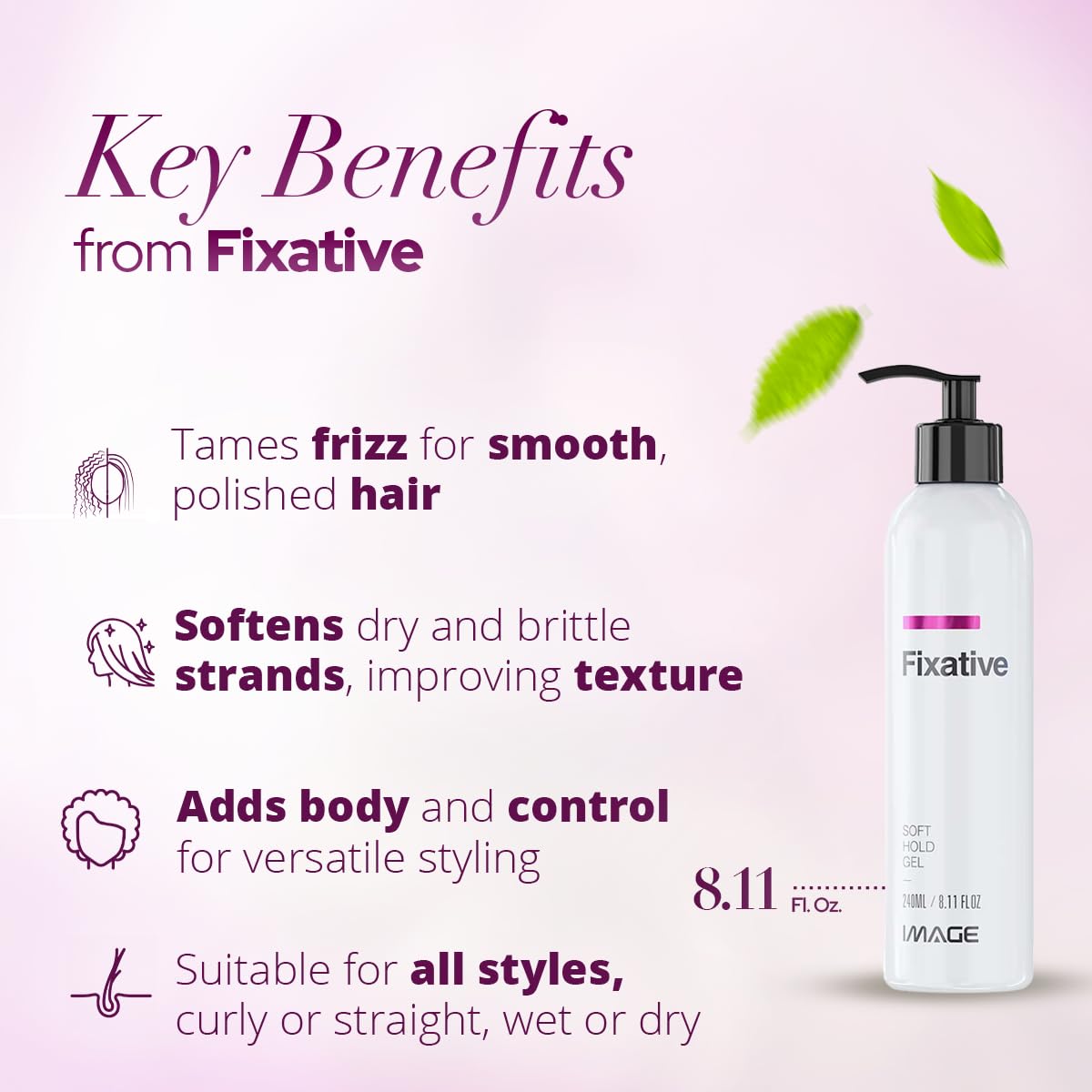 Image Fixative shine-hold hair gel bottle closeup adds healthy-looking luster