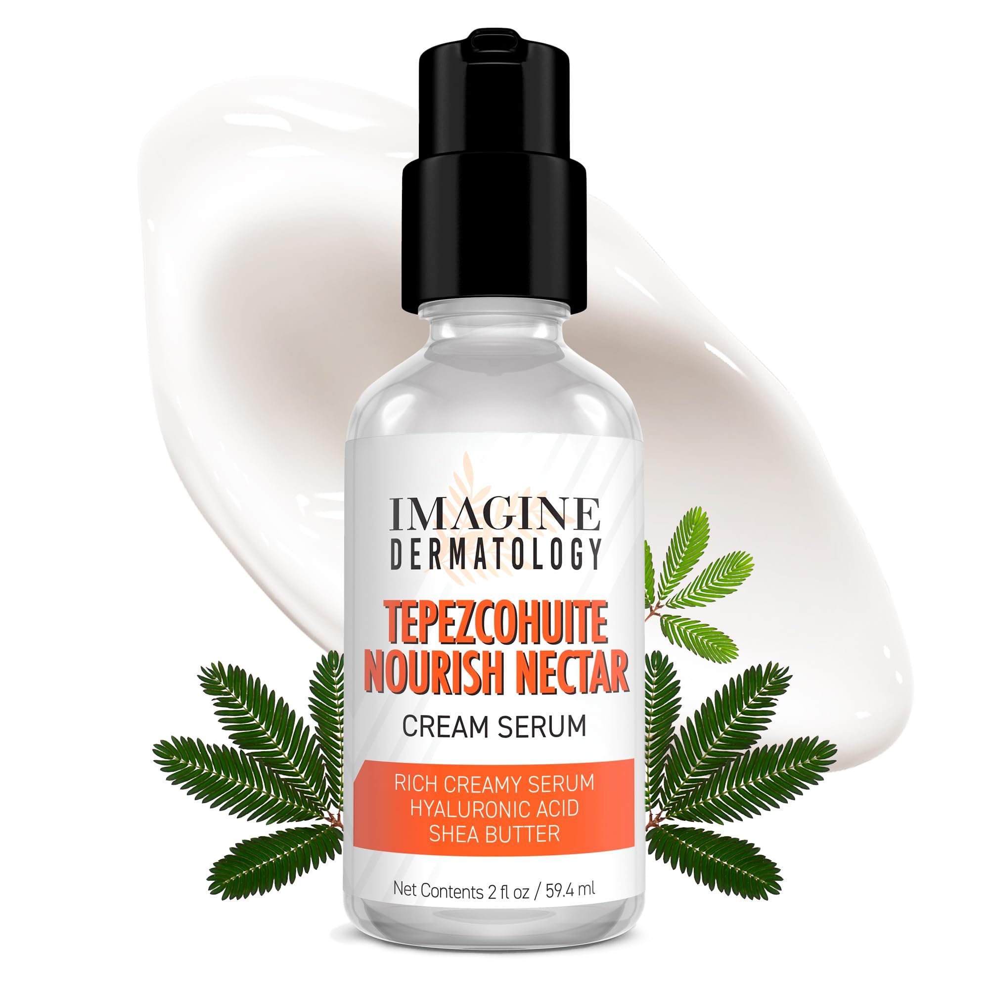 ImagineDerm Tepezcohuite Nourish Nectar serum bottle emphasizes fragrance-free, nourishing skincare.