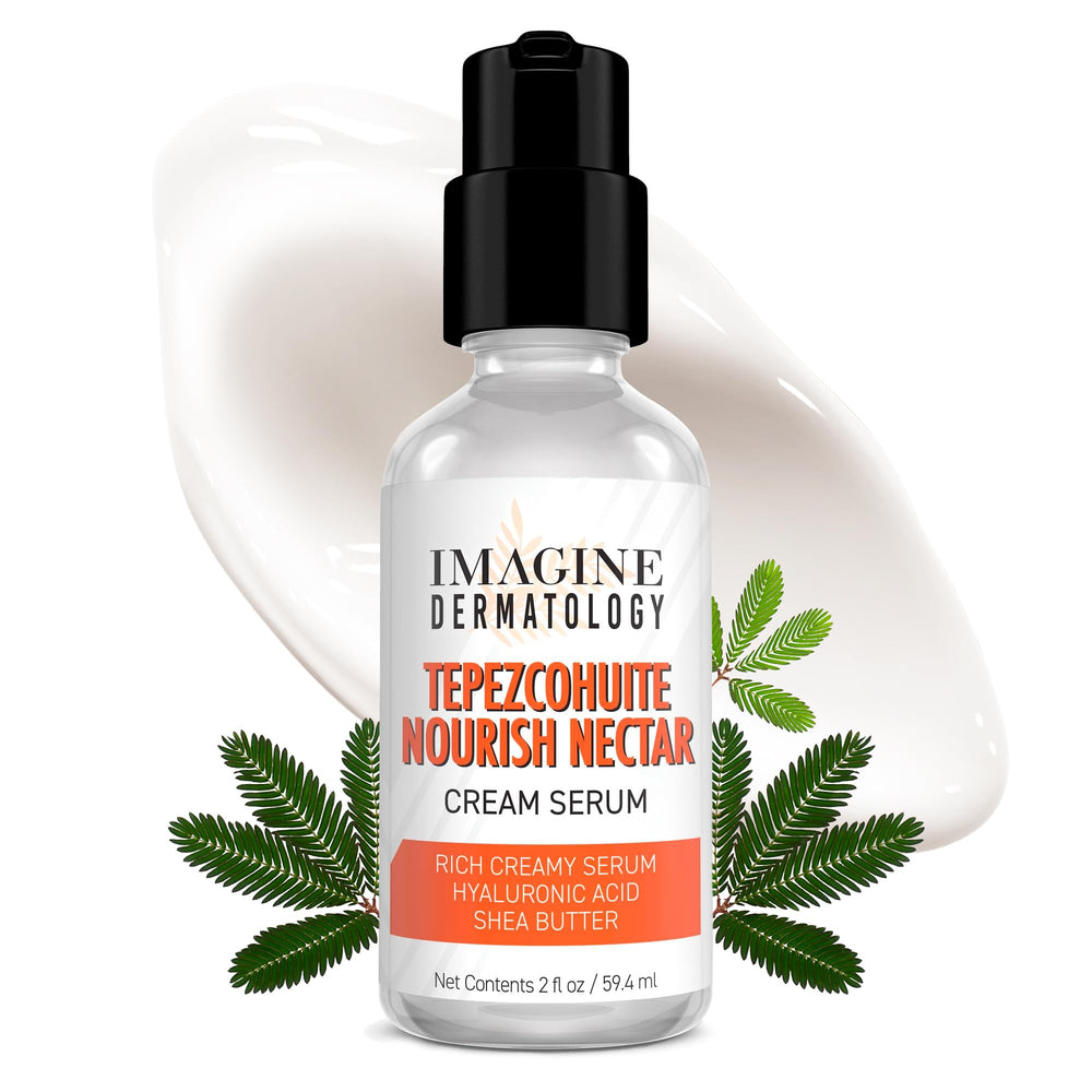 ImagineDerm Tepezcohuite Nourish Nectar serum bottle emphasizes fragrance-free, nourishing skincare.