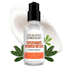 ImagineDerm Tepezcohuite Nourish Nectar serum bottle emphasizes fragrance-free, nourishing skincare.