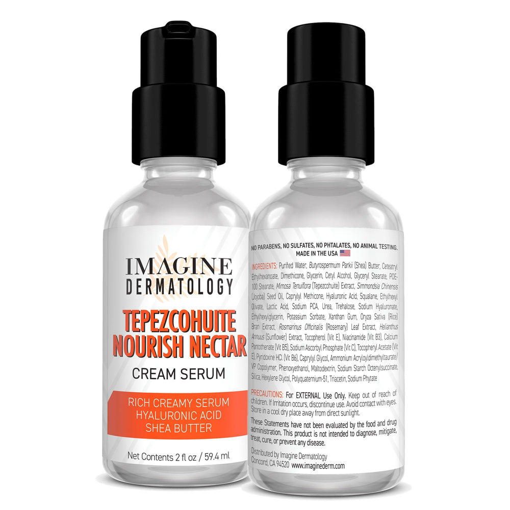 ImagineDerm Tepezcohuite Nourish Nectar texture close-up shows rich, hydrating cream-serum.