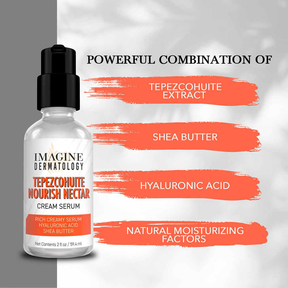 ImagineDerm Tepezcohuite Nourish Nectar USA-made packaging signals quality and standards.