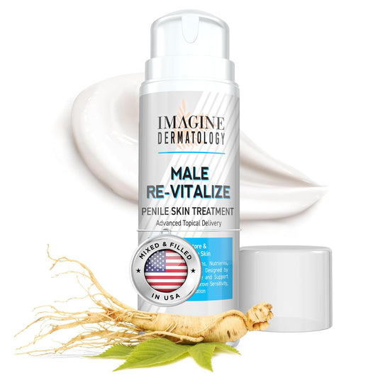 Imagine Dermatology Male Re-Vitalize Cream bottle front for soothing hydration.