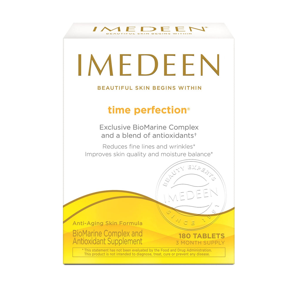 Imedeen Time Perfection bottle front view supports daily beauty routine for skin nourishment.