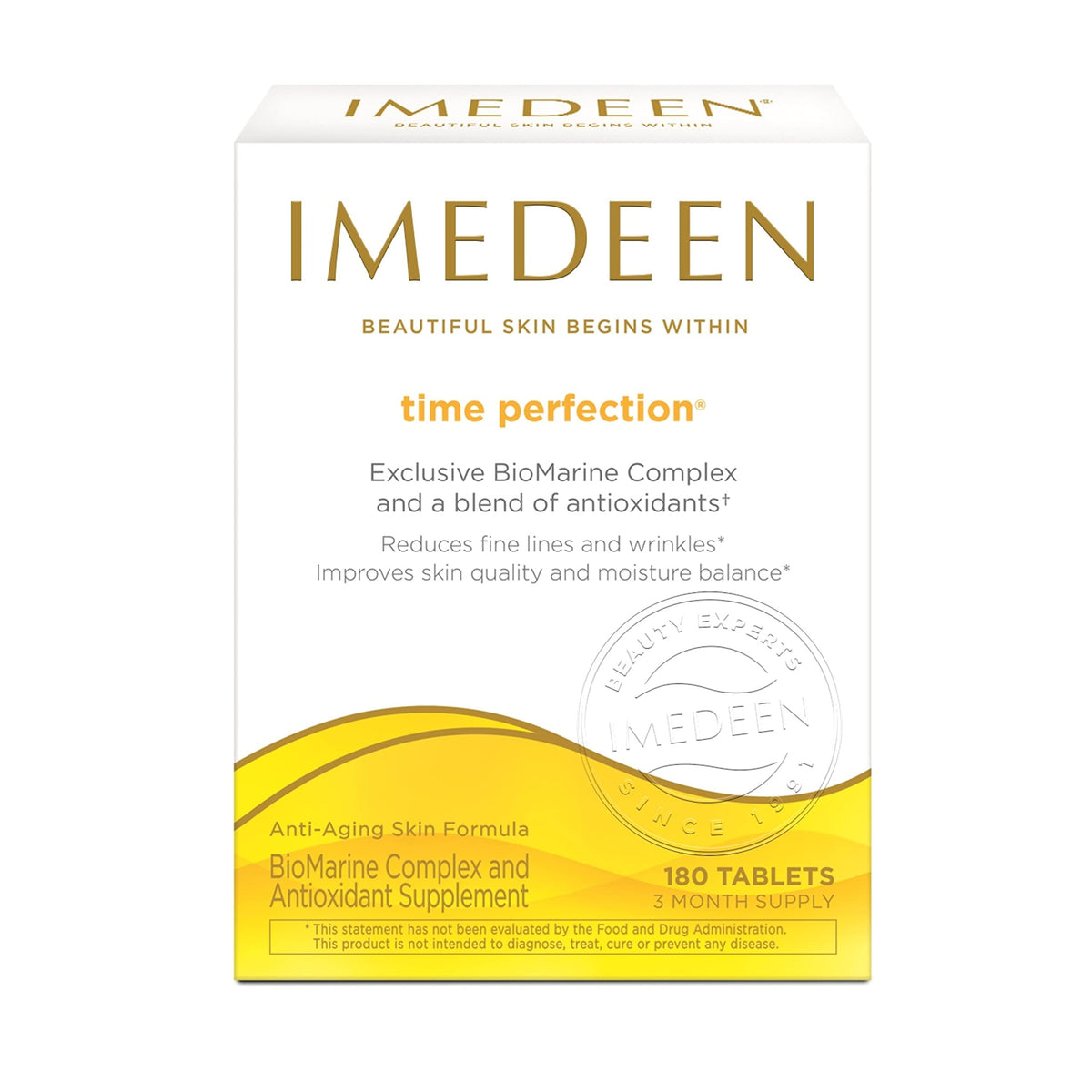 Imedeen Time Perfection bottle front view supports daily beauty routine for skin nourishment.