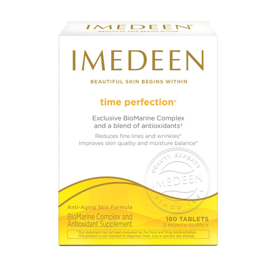 Imedeen Time Perfection bottle front view supports daily beauty routine for skin nourishment.