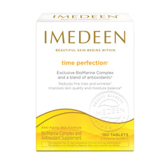Imedeen Time Perfection bottle front view supports daily beauty routine for skin nourishment.