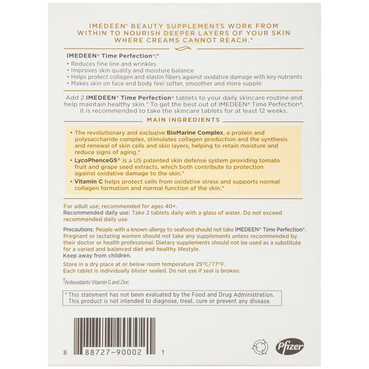 Imedeen Time Perfection capsules closeup highlight a 3-month beauty supplement for smoother skin.