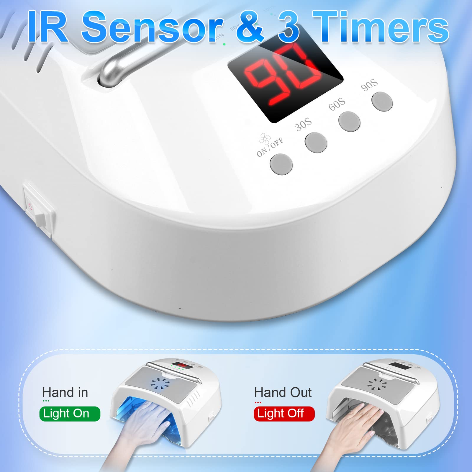 IMENE nail dryer with built in fan keeps curing comfortable.