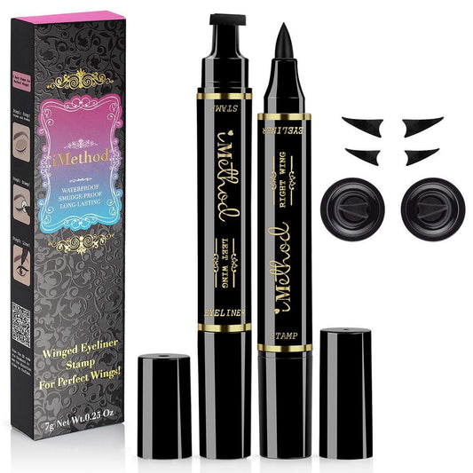iMethod Eyeliner Stamp on left eye for precise, symmetrical winged liner.
