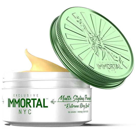 Immortal NYC Matte Styling Extreme Dry Look Pomade bottle demonstrates strong hold with a matte finish.