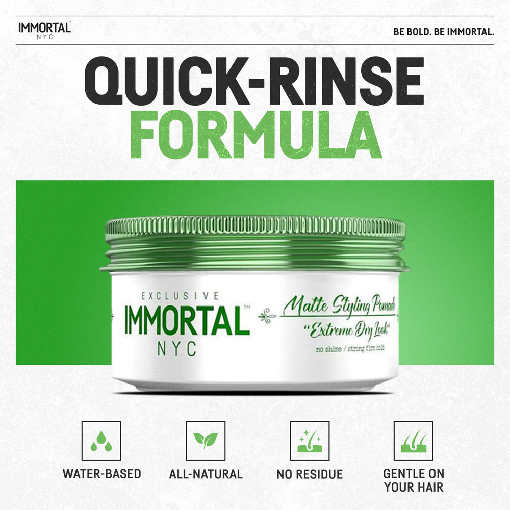 Immortal NYC Matte Styling Extreme Dry Look Pomade finish on model hair showcasing natural matte look.