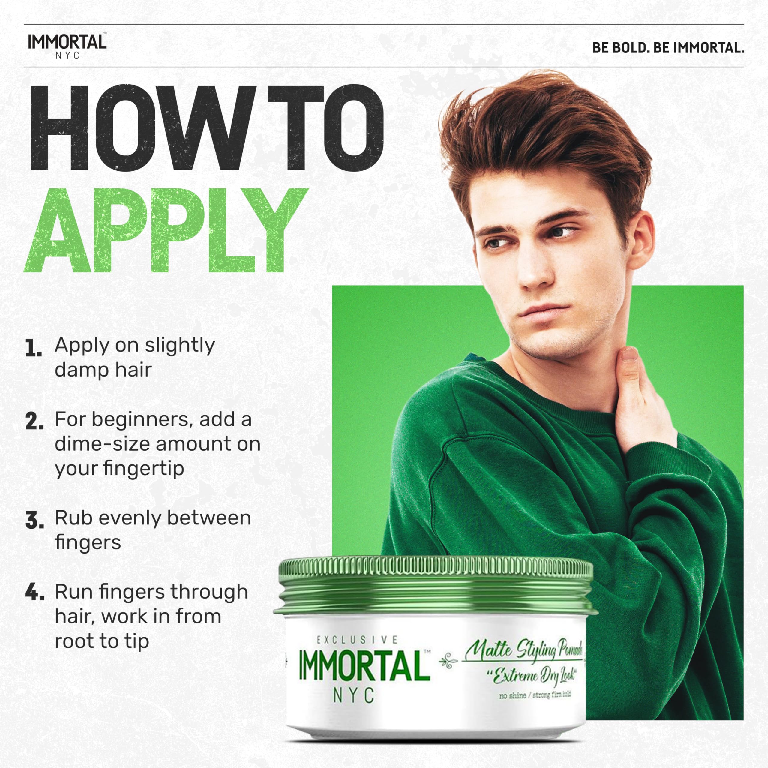 Immortal NYC Matte Styling Extreme Dry Look Pomade fragrance bottle suggests day-long freshness.