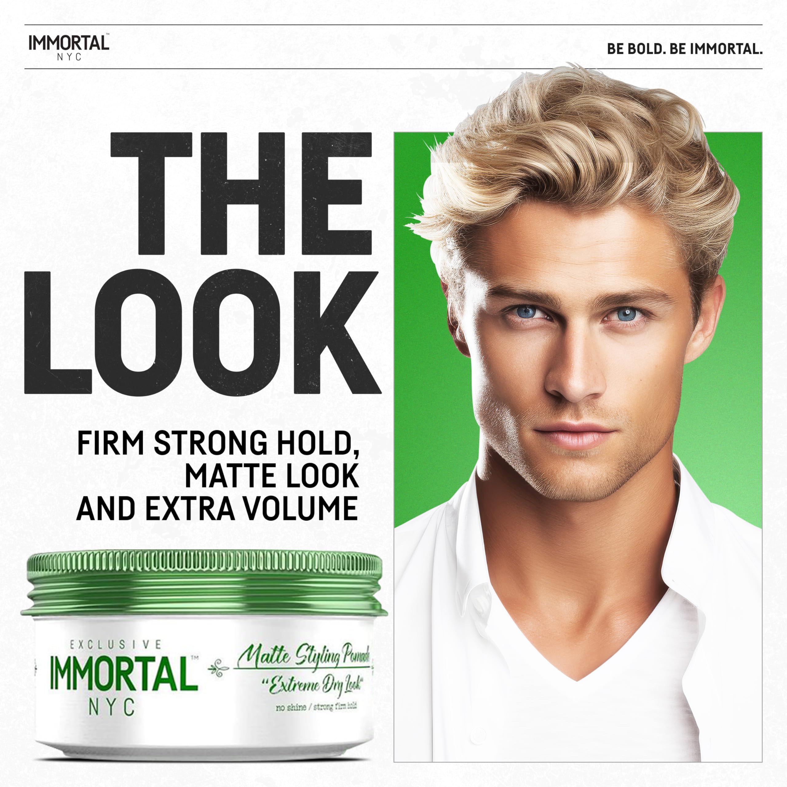 Immortal NYC Matte Styling Extreme Dry Look Pomade in hands shows textured hold for trendy styles.