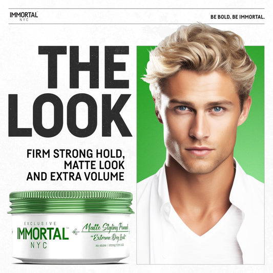 Immortal NYC Matte Styling Extreme Dry Look Pomade in hands shows textured hold for trendy styles.