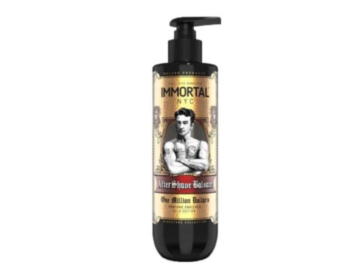 Immortal NYC One Million Dollars Aftershave Balsam bottle close-up for post-shave hydration and fresh scent.