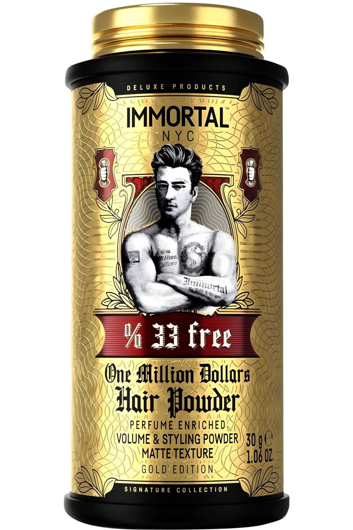 Immortal NYC One Million Dollars texture-volume powder bottle showing natural, matte hold.