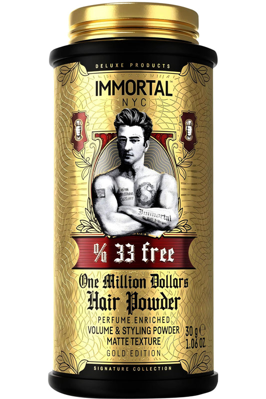 Immortal NYC One Million Dollars texture-volume powder bottle showing natural, matte hold.