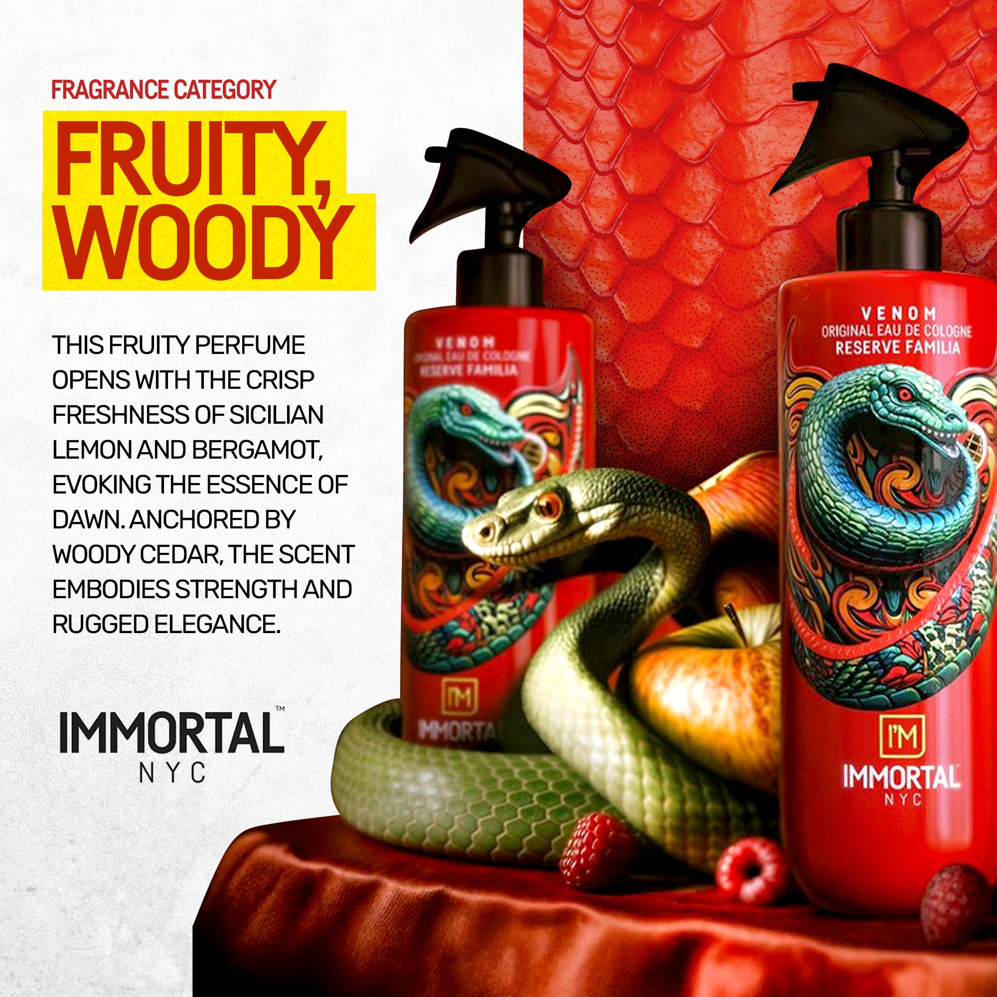 Immortal NYC Venom fragrance spray on wrist delivering long-lasting aroma.